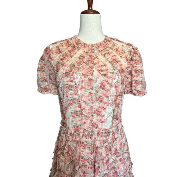 Mac Duggal High Neck Floral Mesh Ruffle Maxi Dress – Pink/Cream – Size 8 - Picture 5 of 17